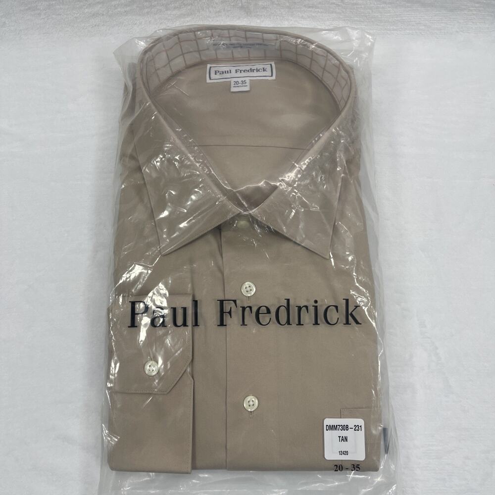 Paul Fredrick Men's Dress Shirt 20 35 Tan Solid No-Iron Cotton Pinpoint NWT